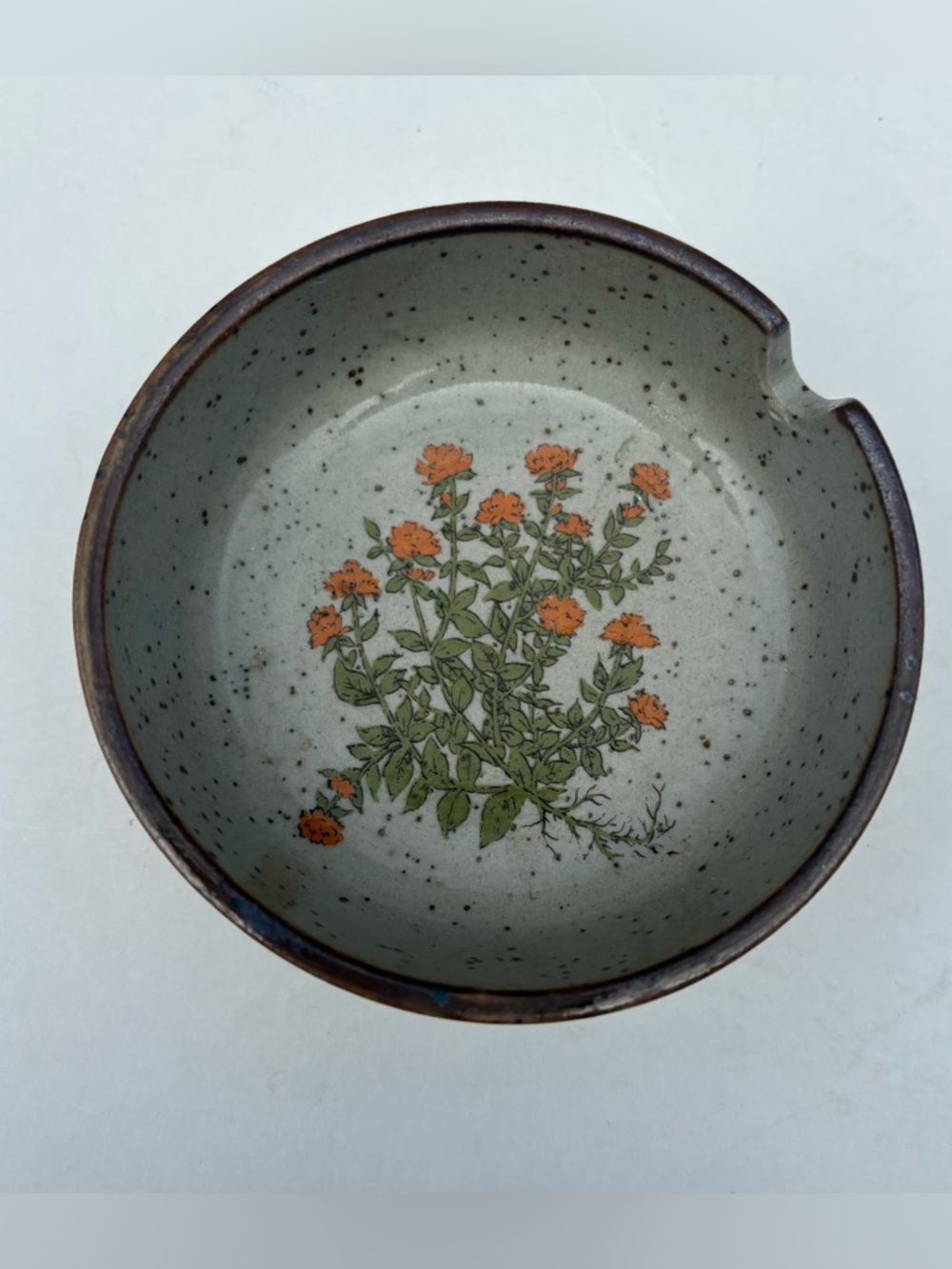 Vintage Takahashi Ashtray Trinket Dish Orange Flowers Speckled Stoneware, Japan